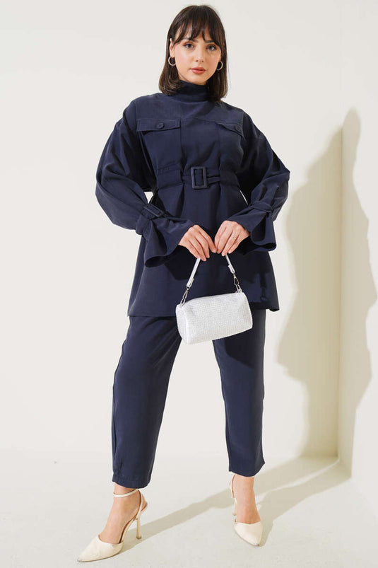 Navy Blue Two-Piece Set with Chest Pocket and Belted Ankles