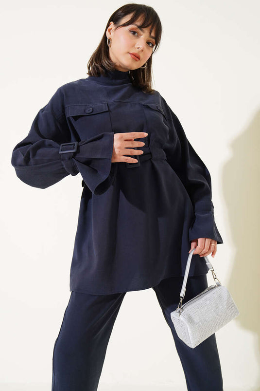 Navy Blue Two-Piece Set with Chest Pocket and Belted Ankles