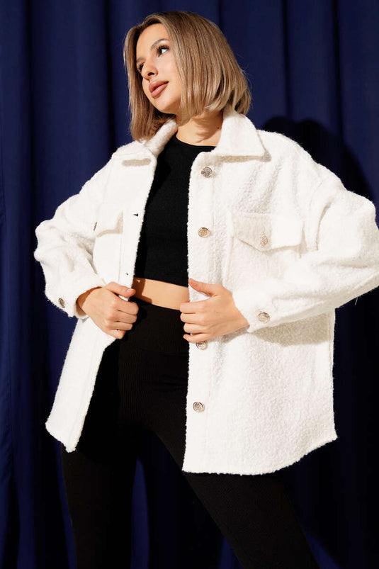 Göğüs Cepli Buklet Ceket Ekru