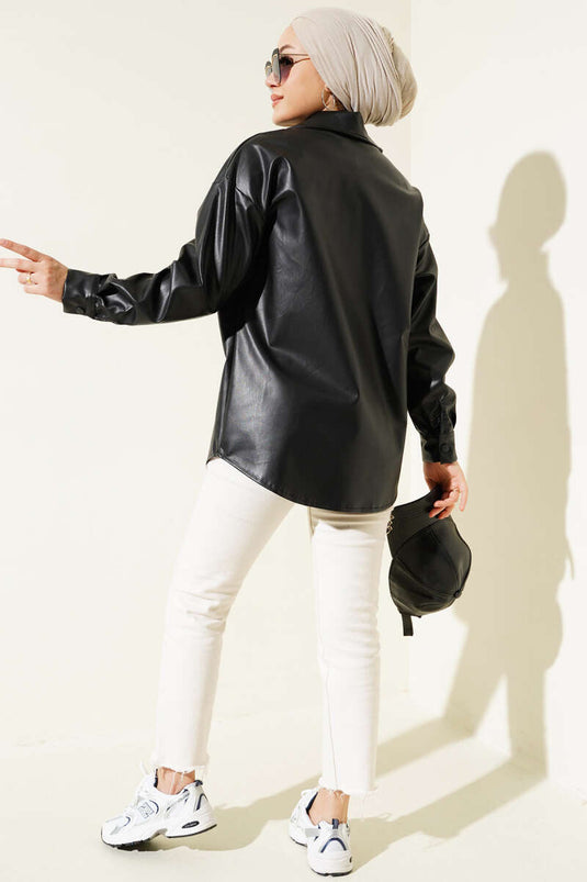 Göğüs Cepli Çıtçıt Düğmeli Deri Gömlek Siyah