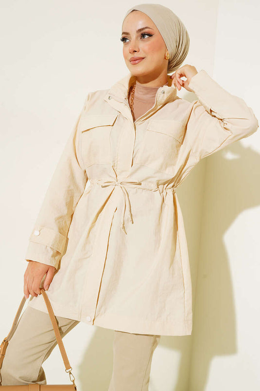 Imperméable Col Montant avec Poche Poitrine Beige