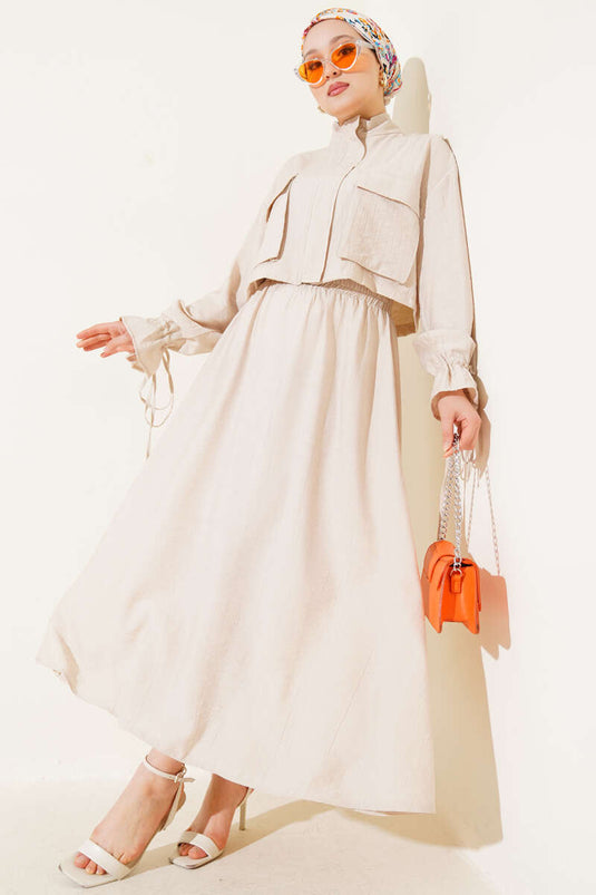 Chest Pocket Zippered Skirted Two Piece Suit Beige