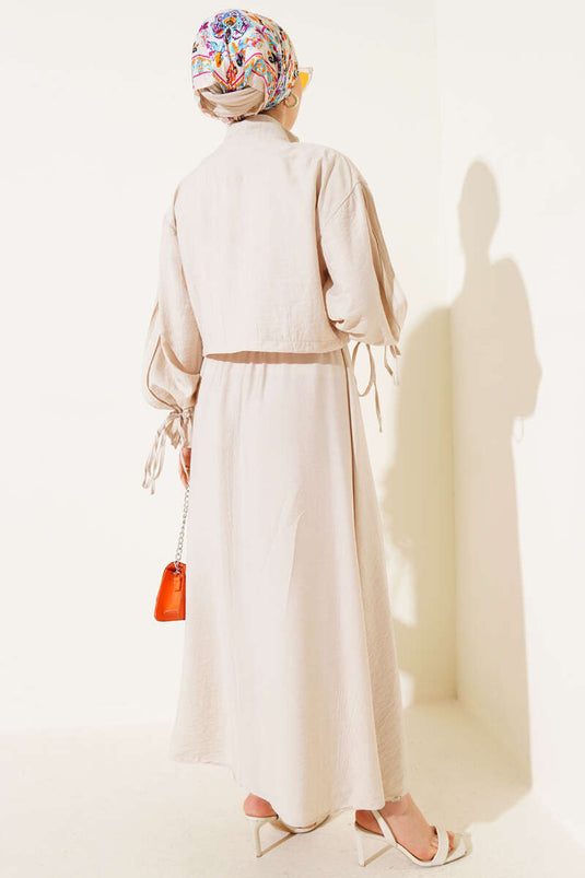 Chest Pocket Zippered Skirted Two Piece Suit Beige