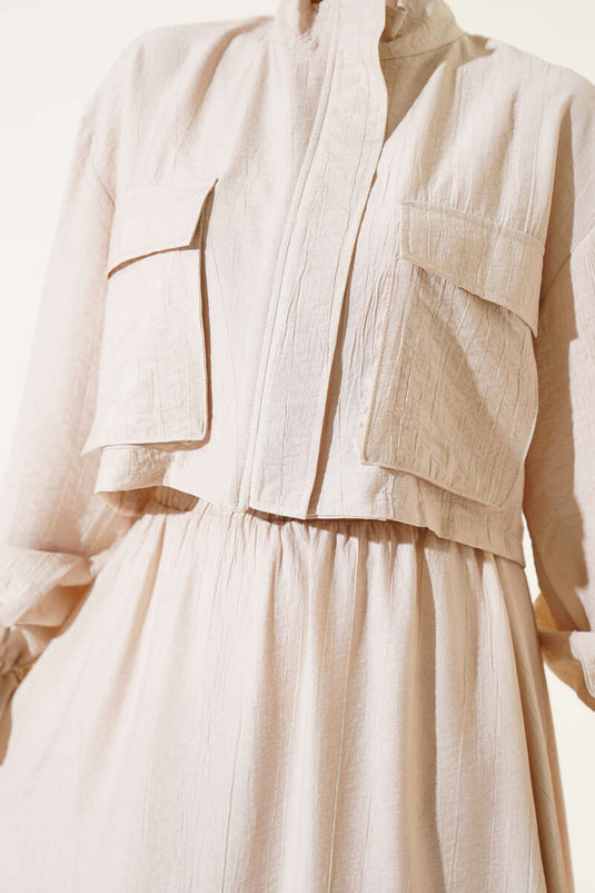 Chest Pocket Zippered Skirted Two Piece Suit Beige