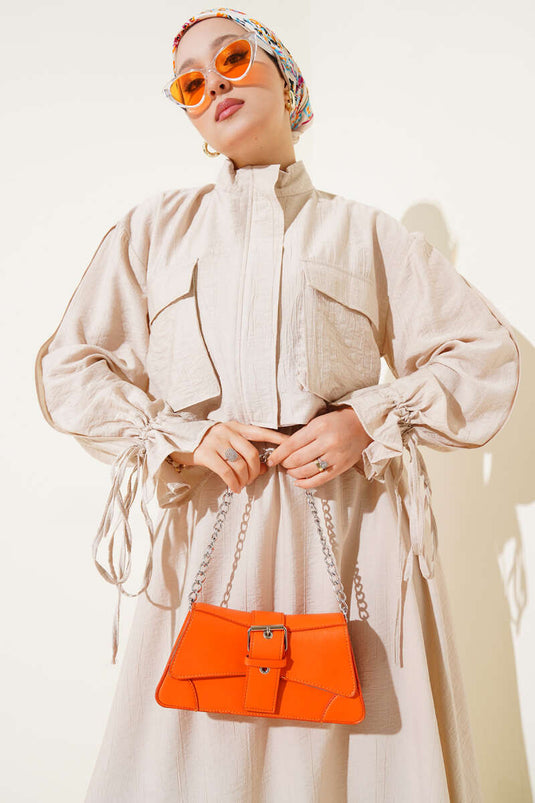 Chest Pocket Zippered Skirted Two Piece Suit Beige