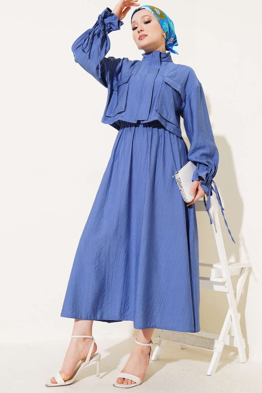 Costume deux pièces à jupe zippée et poche poitrine Indigo