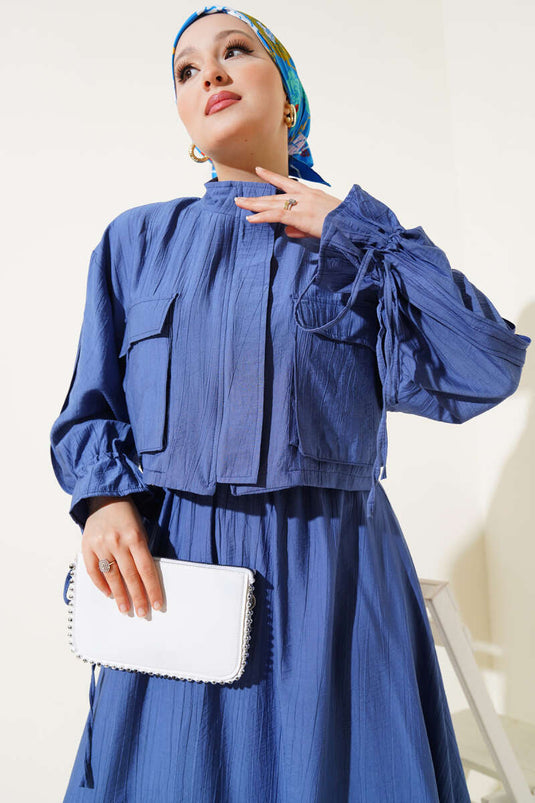 Costume deux pièces à jupe zippée et poche poitrine Indigo