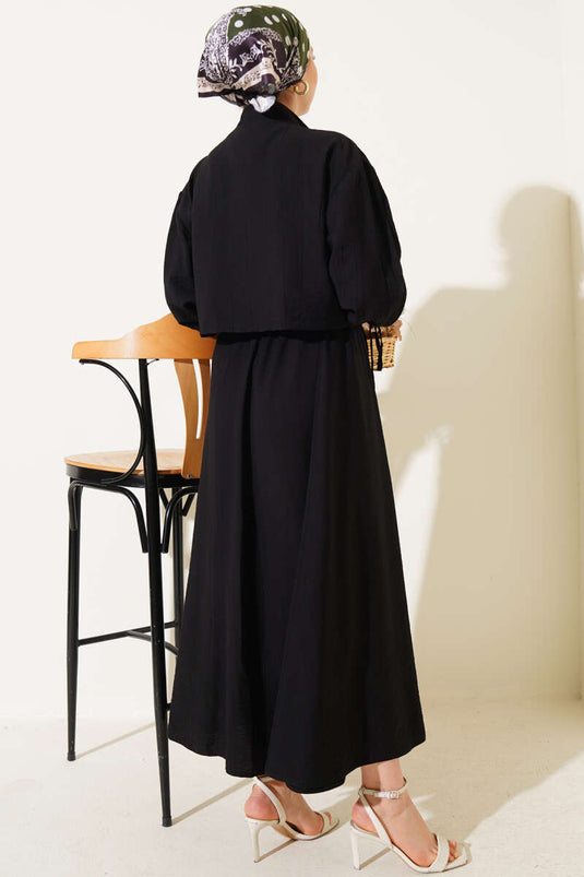 Chest Pocket Zippered Skirted Two Piece Suit Black