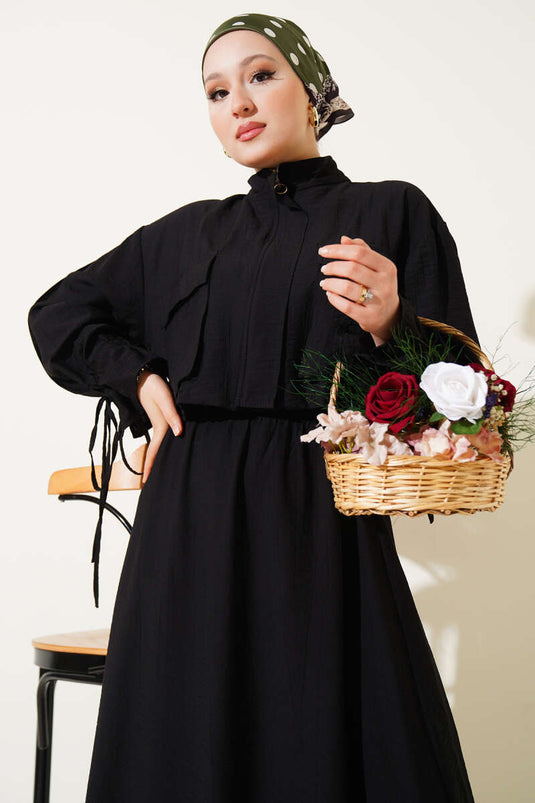 Chest Pocket Zippered Skirted Two Piece Suit Black