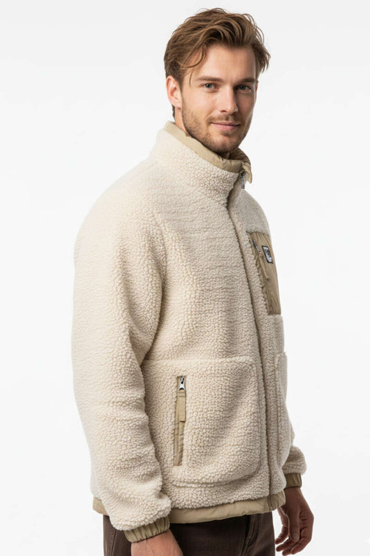 Plüsch Herrenjacke mit Brusttasche und Reißverschluss, Cremefarben