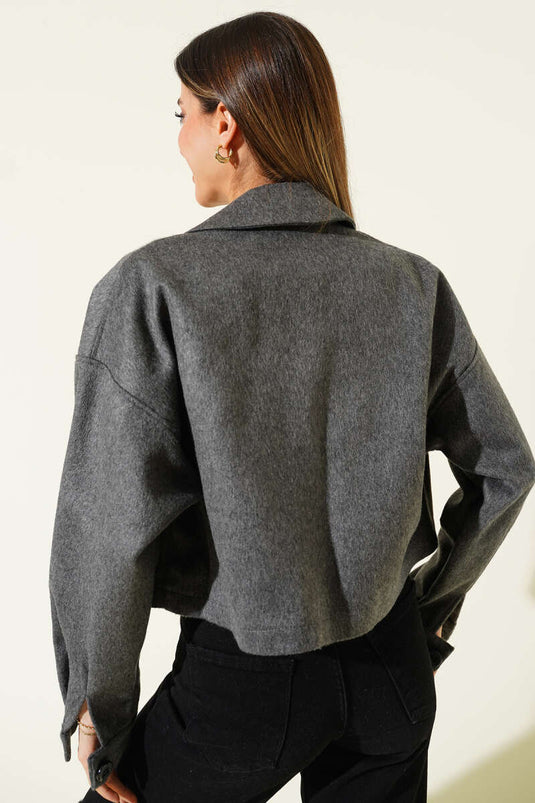 Kurze Kaschmirjacke mit Brusttasche, Dunkelgrau