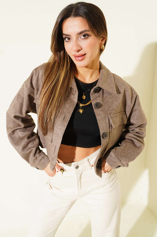 Göğüs Cepli Kısa Kaşe Ceket Vizon