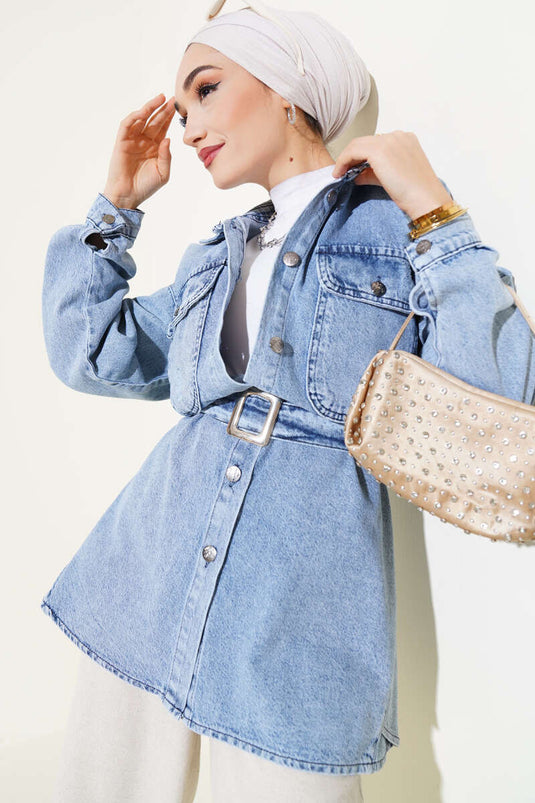 Jeansjacke mit Gürtel und Brusttasche Denim Blau