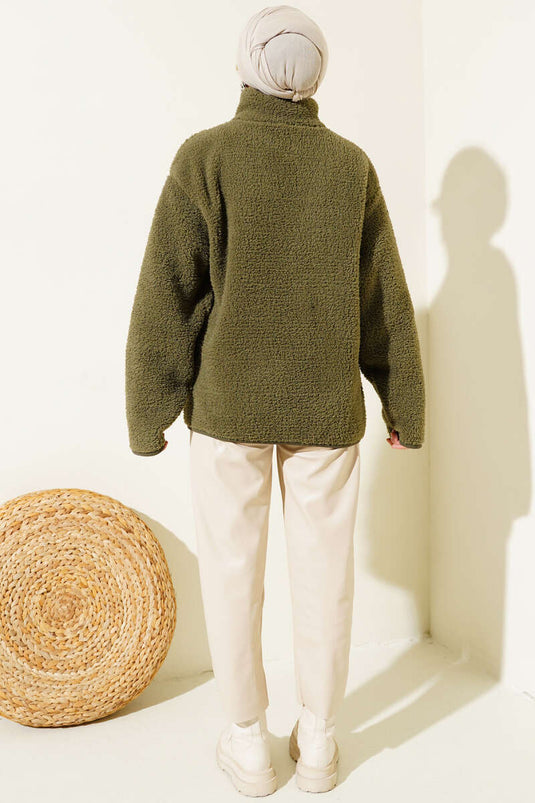 Chest Pocket Plush Cardigan Khaki