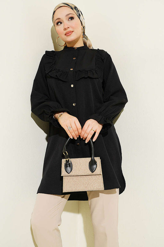 Shirt with Chest Ruffle Detail Black