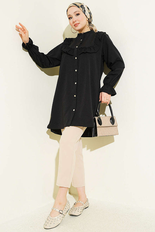 Shirt with Chest Ruffle Detail Black