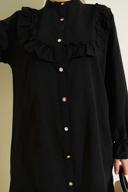 Shirt with Chest Ruffle Detail Black