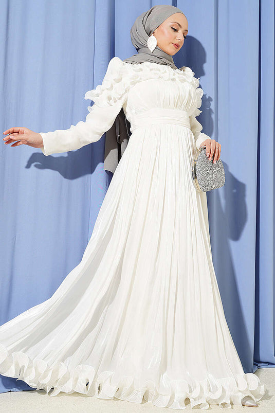 Abendkleid mit Rüschen am Brustbereich, Ecru