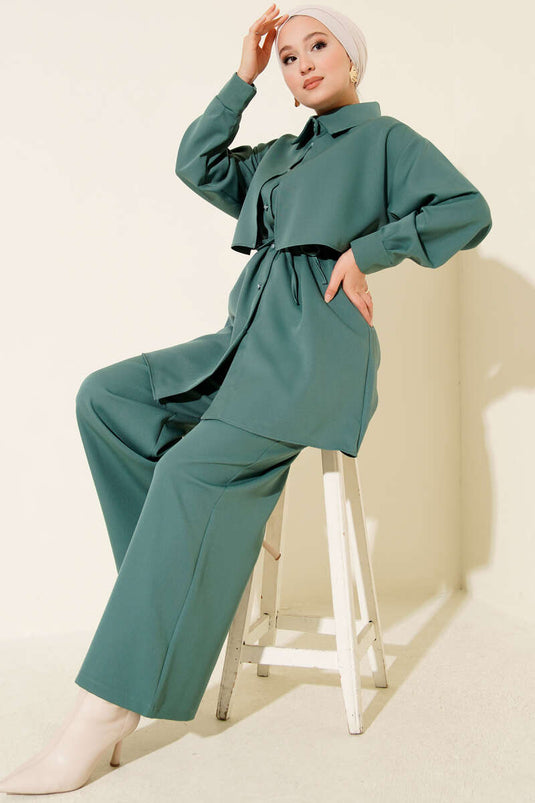 طقم من قطعتين مع حزام للصدر والكتفين، لون أخضر بترولي