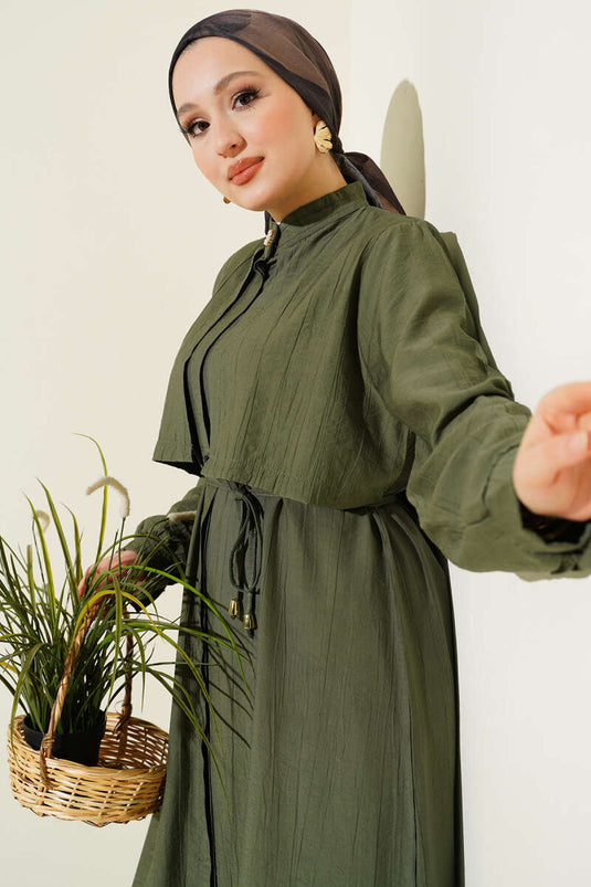 Long Tunic Set with Chest Panel and Rope Belt Khaki