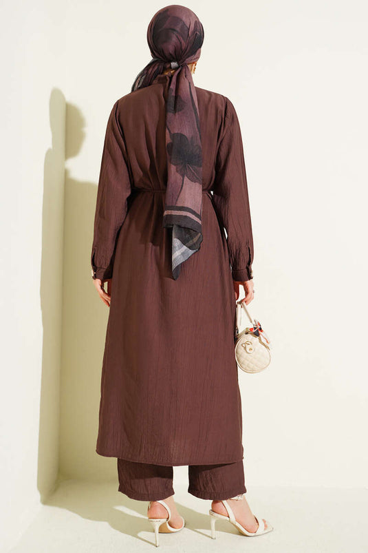 Long Tunic Set with Chest Panel and Rope Belt Brown