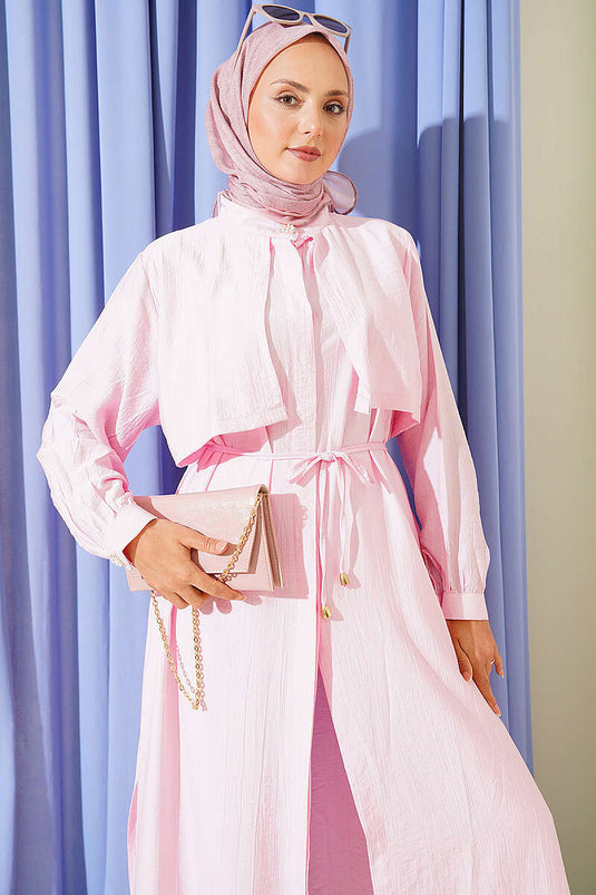 Göğüs Parçalı İp Kuşaklı Uzun Tunik Takım Pembe