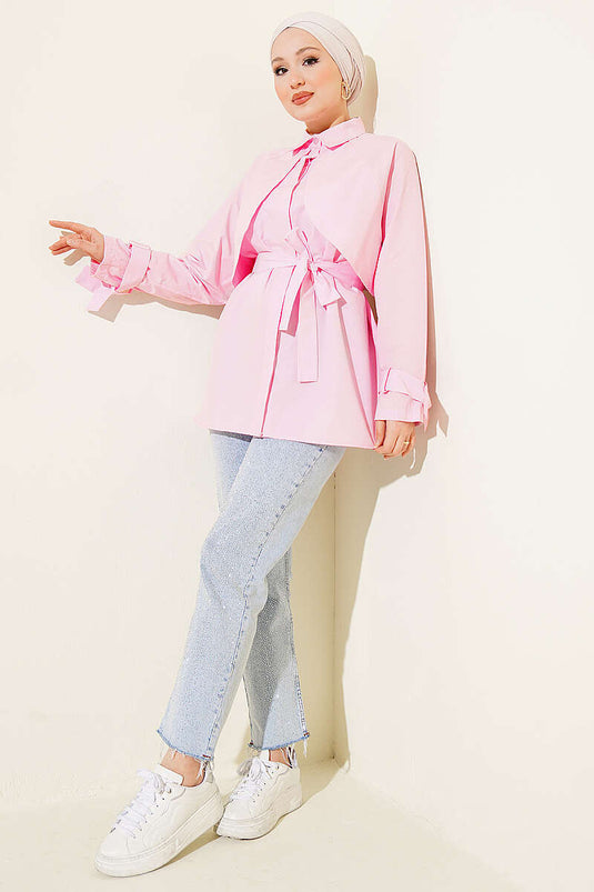 Göğüs Parçalı Kuşaklı Poplin Gömlek Pembe