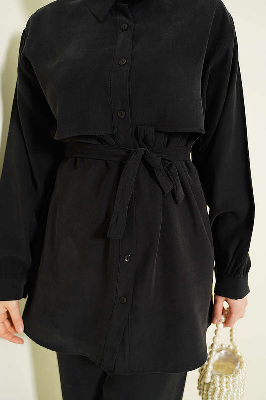 Ensemble double ceinturé en tensel avec cape poitrine noir