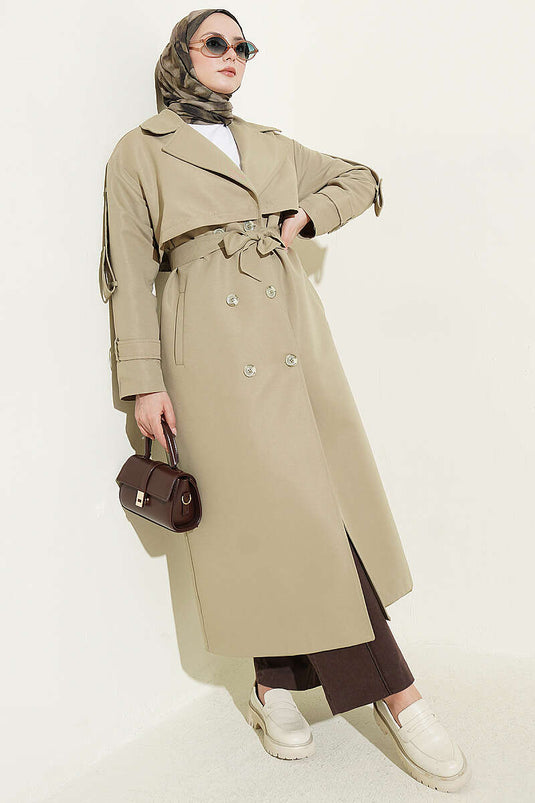 Langer Trenchcoat Mit Brustcape Und Gürtel In Salbeigrün