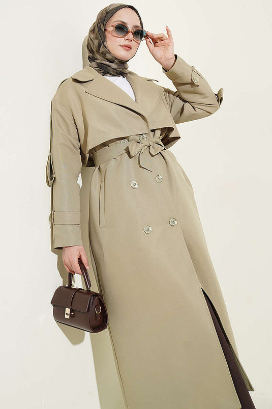 Langer Trenchcoat Mit Brustcape Und Gürtel In Salbeigrün