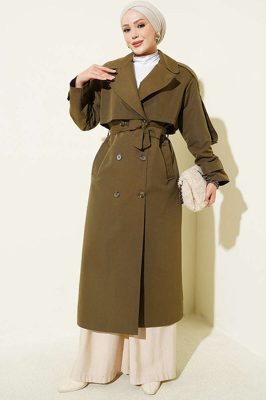 Trench-Coat Long Avec Cape Sur La Poitrine Et Ceinture En Kaki