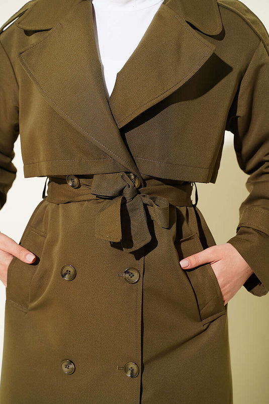 Trench-Coat Long Avec Cape Sur La Poitrine Et Ceinture En Kaki