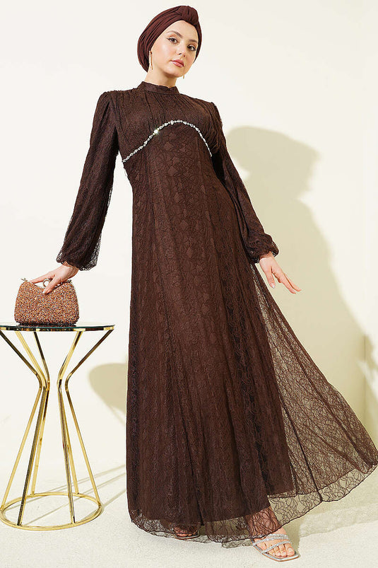 Evening Dress with Chest Stones and Lace, Brown