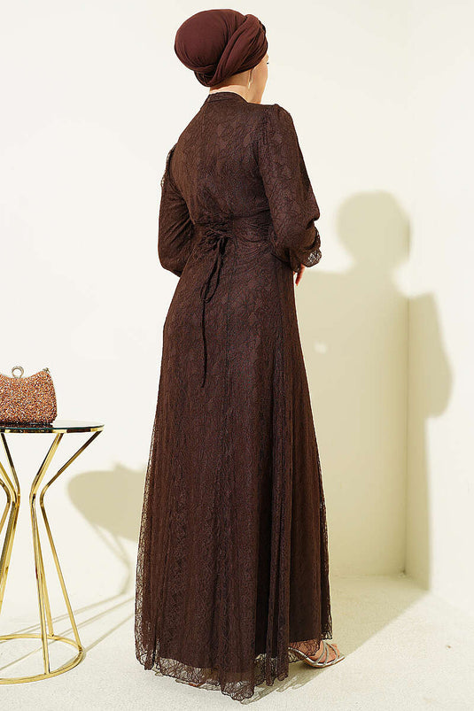 Evening Dress with Chest Stones and Lace, Brown