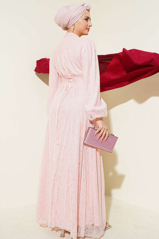 Evening Dress with Chest Rhinestones and Lace, Powder Pink