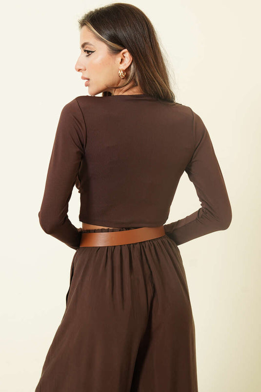 Long Sleeve Crop Top with Chest Buckle, Brown