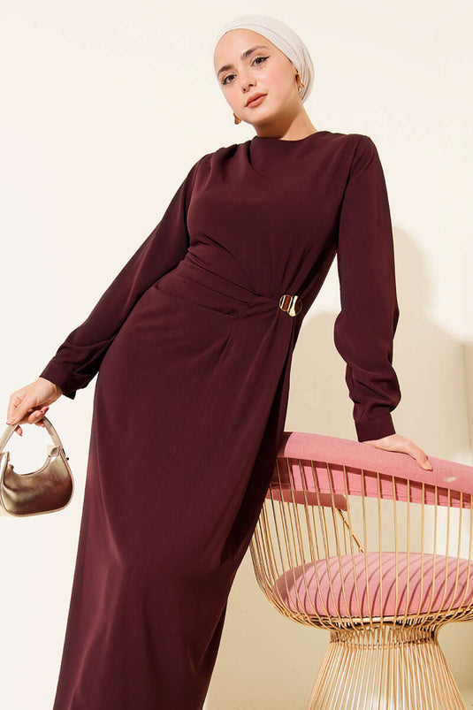 Burgundy Evening Gown with Gold Accessories