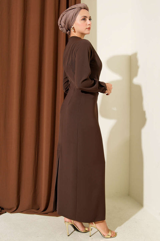 Evening Gown with Gold Accessories - Coffee