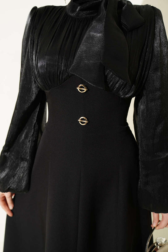 Black Evening Dress with Balloon Sleeves and Gold Accessories