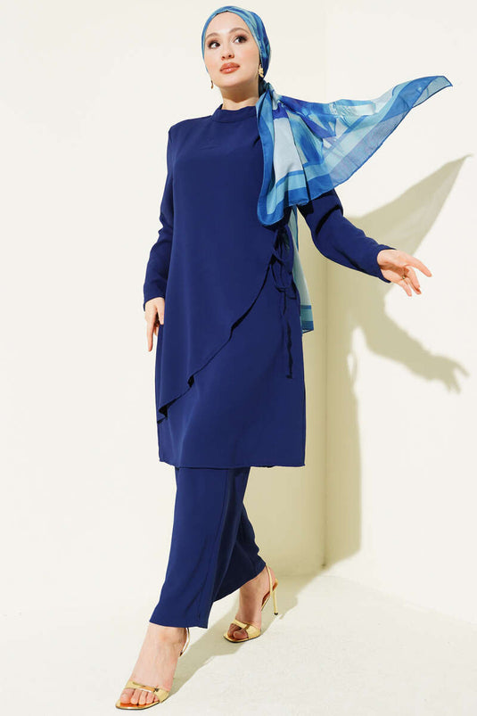 Navy Blue Two-Piece Set with Gold Accessories and Drawstring