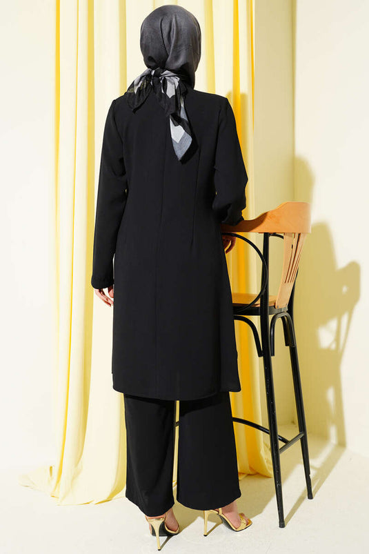 Black Two-Piece Set with Gold Accessory and Drawstring