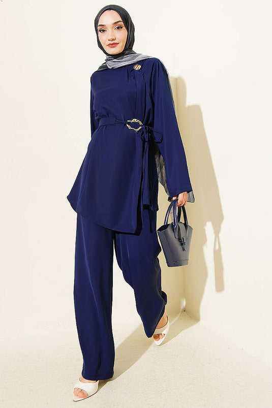 Ensemble double ceinturé avec accessoires dorés Bleu marine