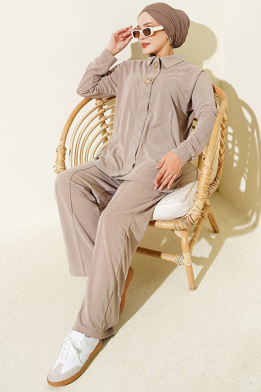 Beige Tencel Two-Piece Set With Gold Accessories