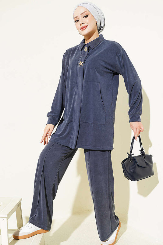 Navy Blue Tencel Two-Piece Set With Gold Accessories