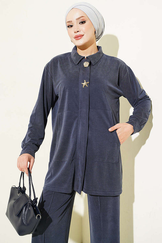 Navy Blue Tencel Two-Piece Set With Gold Accessories