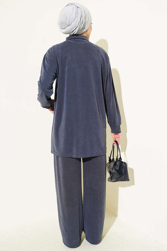 Navy Blue Tencel Two-Piece Set With Gold Accessories