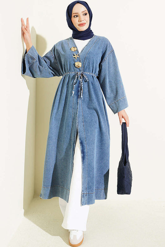 Long Open Blue Coat With Gold Accessories