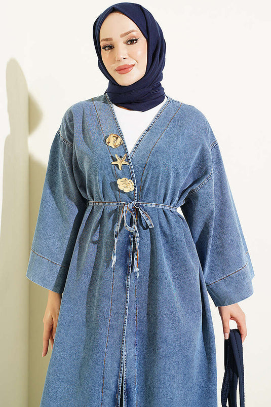 Long Open Blue Coat With Gold Accessories