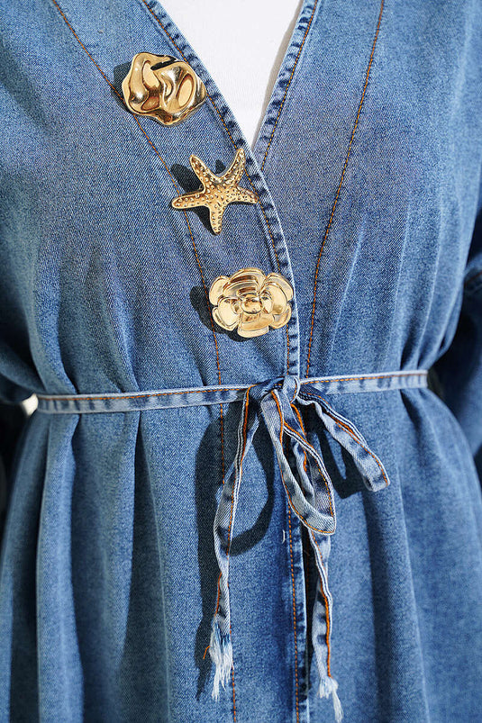 Long Open Blue Coat With Gold Accessories