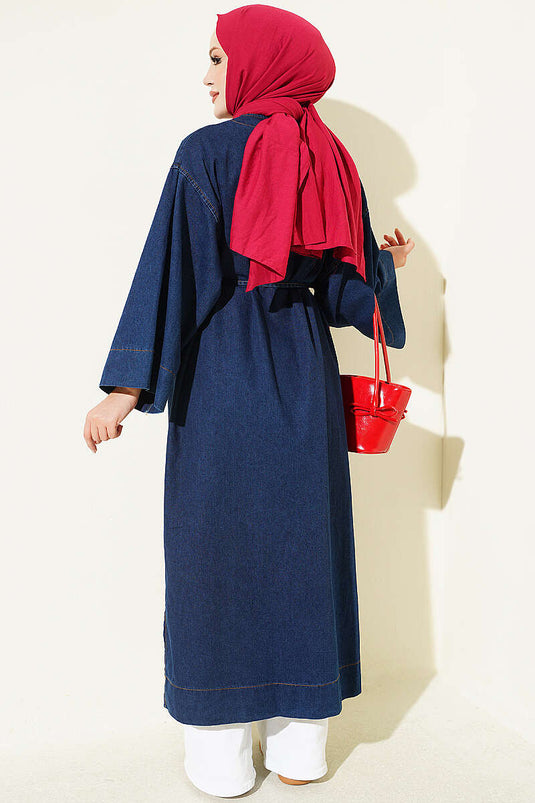 مع حزام ذهبي، مع أزرار، طويل، أزرق، معطف